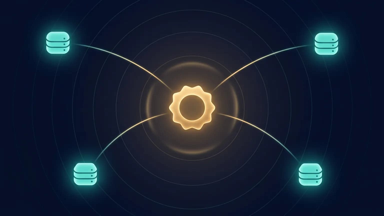 Editorial illustration: a central luminous badge-shaped identity glyph radiating three connected token nodes along glowing arcs toward smaller server glyphs, over a deep midnight-navy gradient with faint concentric authorization rings.