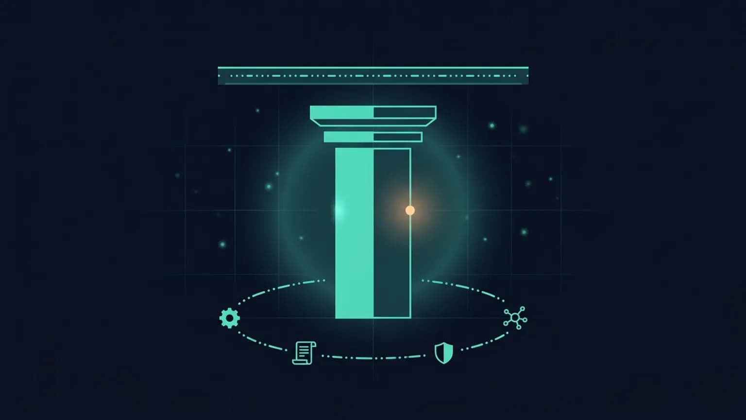 Editorial illustration: a luminous teal protocol crest sitting at the centre of three converging arcs labelled MCP, goose, and AGENTS.md, framed by a faint Linux Foundation pillar pattern, on a midnight navy background.