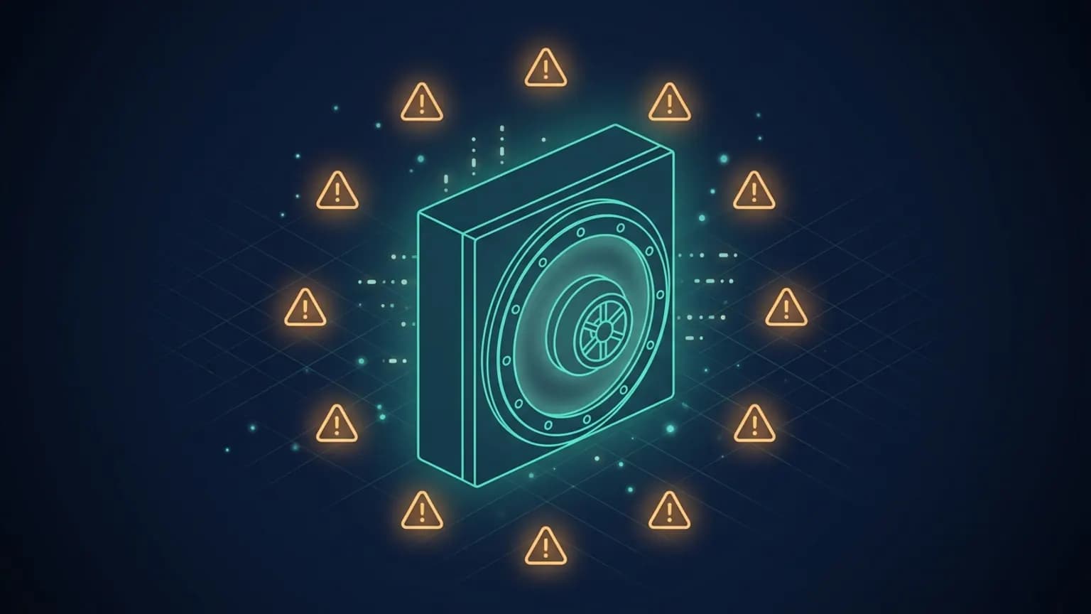 Editorial illustration: a fortified vault door rendered in luminous teal lines, ringed by ten amber warning glyphs and a faint scatter of CVE identifiers, on a midnight navy background — the visual language of an MCP threat model.