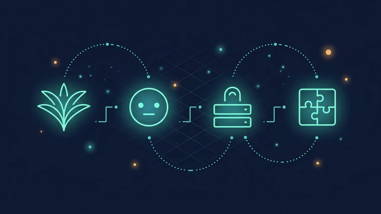 Editorial illustration: four luminous teal MCP-gateway glyphs in a horizontal row — an MCPJungle palm-frond curve, an Obot bot-head circle, a Docker container-stack with a tiny gateway arch, a Composio interlocking-puzzle — connected by softly glowing tool-routing arcs on a midnight navy backdrop.