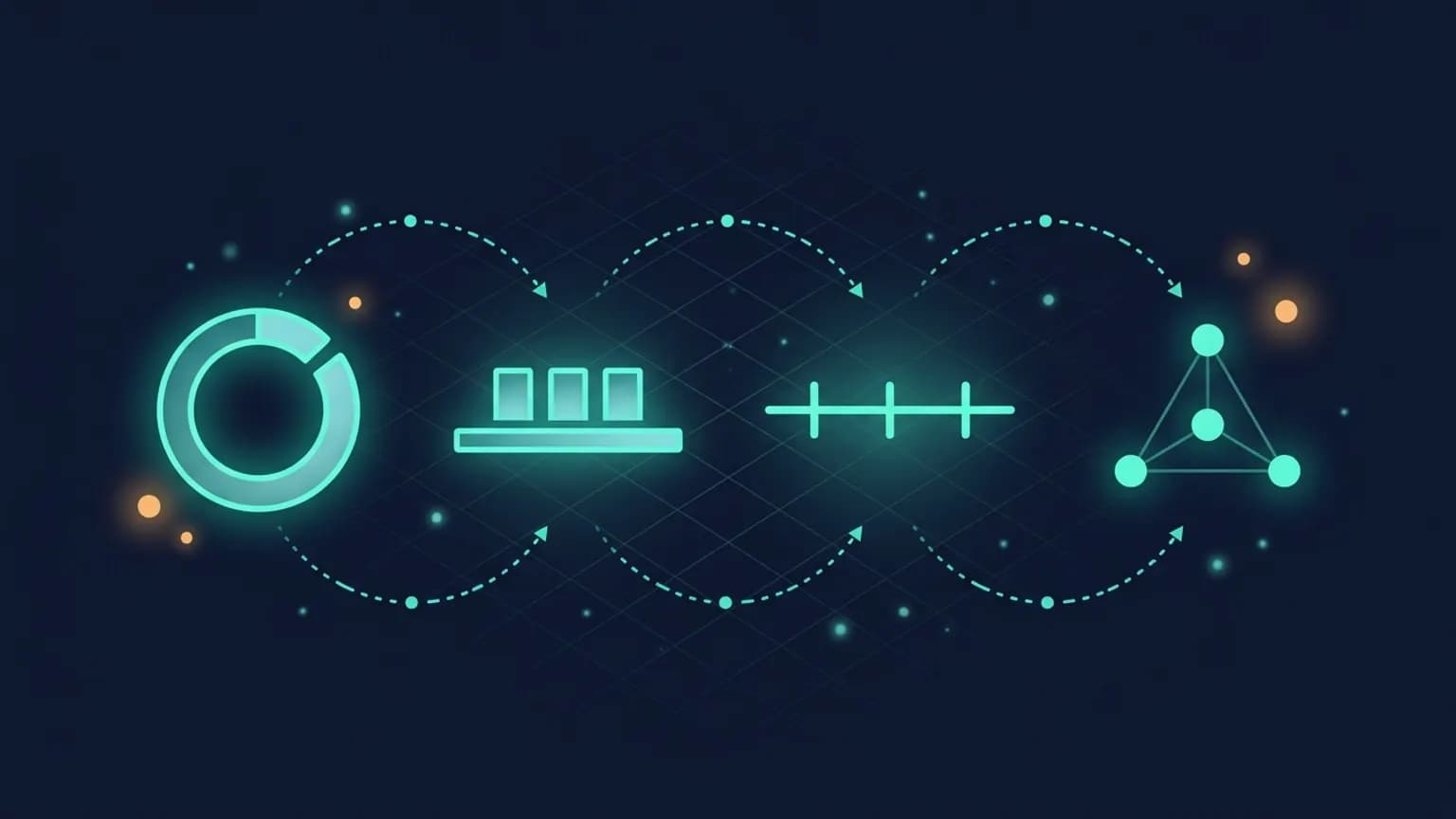 Editorial illustration: four luminous teal agent-memory glyphs in a horizontal row — a Mem0 ring-buffer, a Letta long-shelf, a Zep z-letter timeline, a Cognee neural-graph — connected by softly glowing recall arrows on a midnight navy backdrop.
