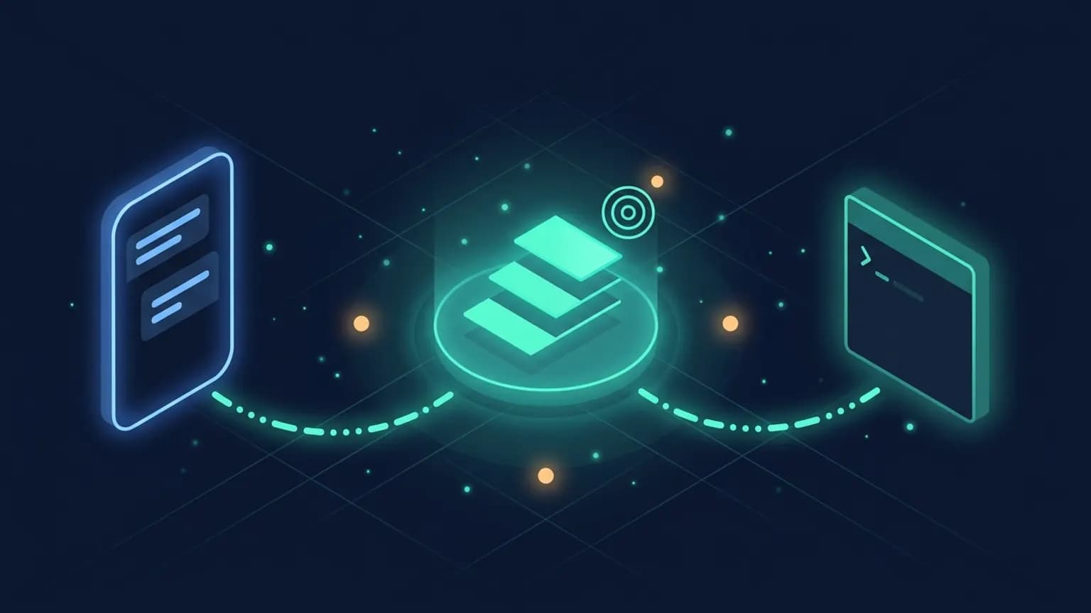 Hero illustration: a glowing chat-window glyph on the left and a terminal-window glyph on the right, both flowing through teal dot-and-dash arcs into a central luminous campaign-hierarchy hub with a small bullseye target glyph beside it.