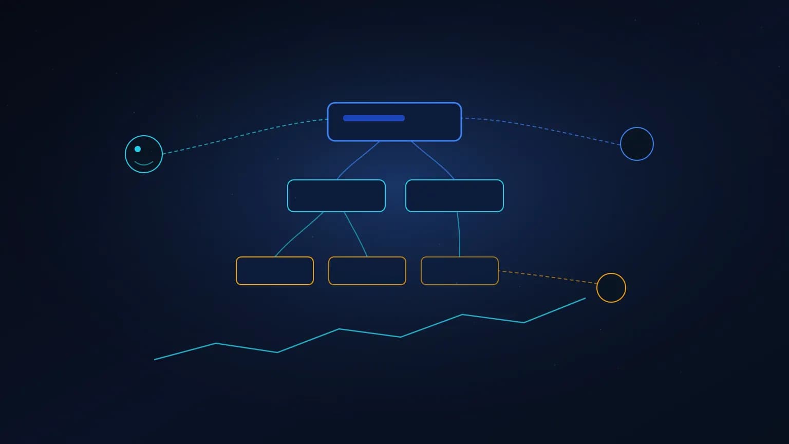 Editorial illustration: a luminous blue campaign-funnel glyph at the center — three stacked tiers for campaign, ad set, and ad — orbited by smaller MCP-client glyphs connected by softly glowing data arcs on a midnight navy backdrop.