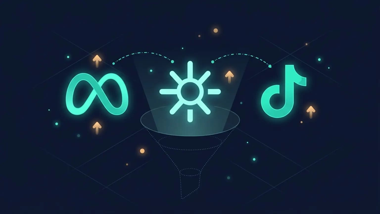 Editorial illustration: three luminous teal advertising-platform glyphs in a row — a Meta f-marker, a Google G-marker, a TikTok music-note — connected by softly glowing campaign-funnel arrows on a midnight navy backdrop.