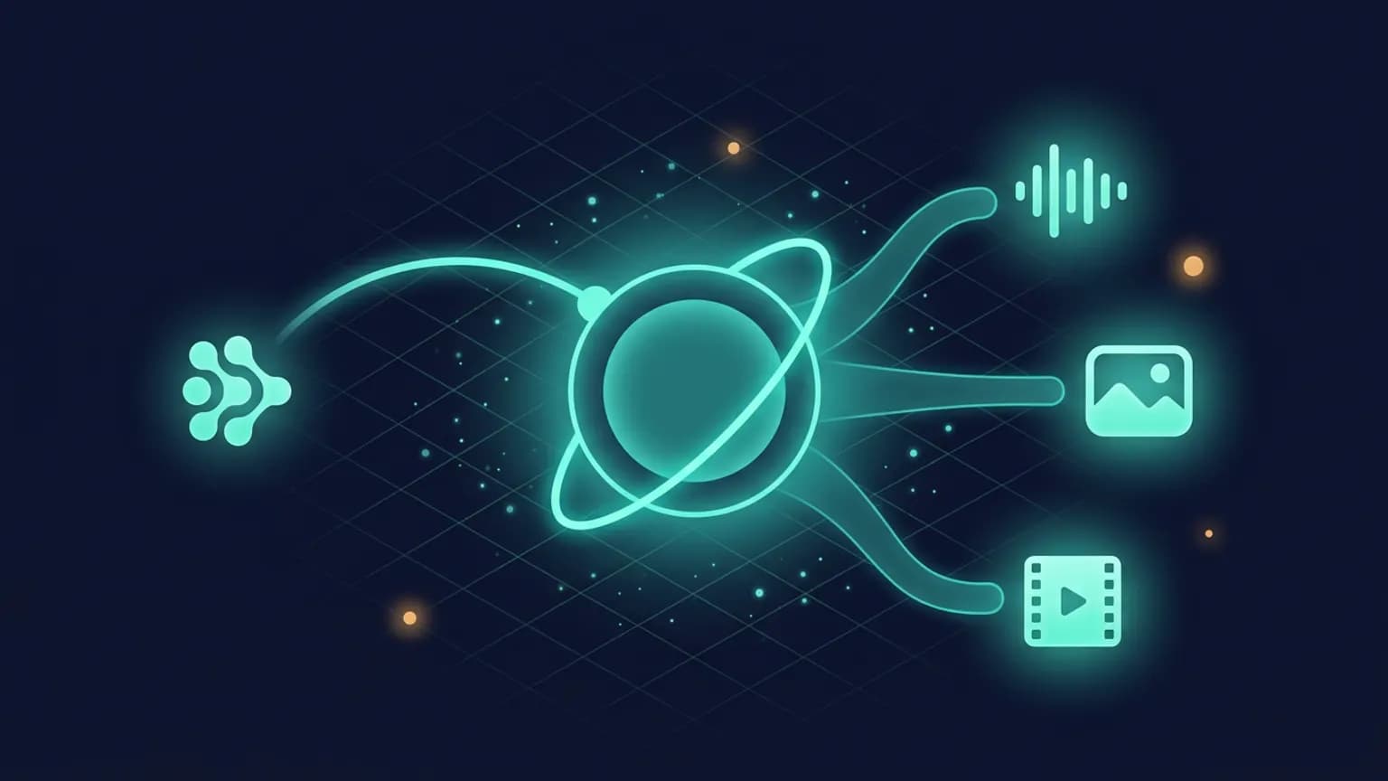 Editorial illustration: a central luminous coral-orange hub glyph at the geometric center, with four softly glowing arcs radiating outward to four smaller orbital glyphs — a sound-wave waveform, a portrait-frame outline, a film-strip rectangle, and a musical-note shape — on a deep midnight navy backdrop with faint connective query lines.