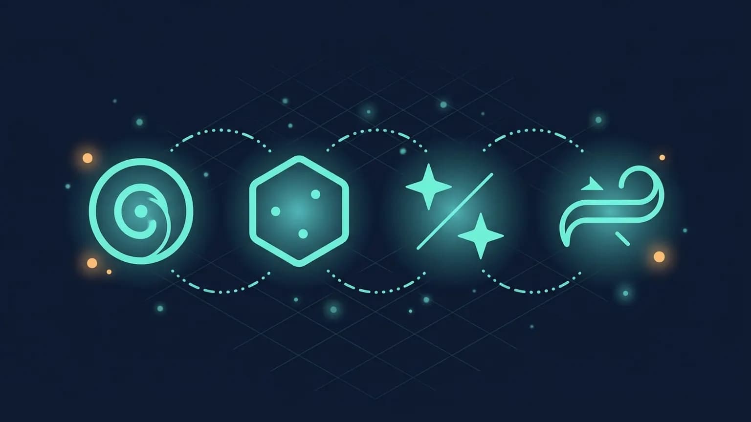 Editorial illustration: four luminous teal AI-chat glyphs in a horizontal row — a ChatGPT spiral, a Claude angular hexagon, a Gemini twin-stars mark, a Mistral wind-curl — connected by softly glowing conversation arcs on a midnight navy backdrop.