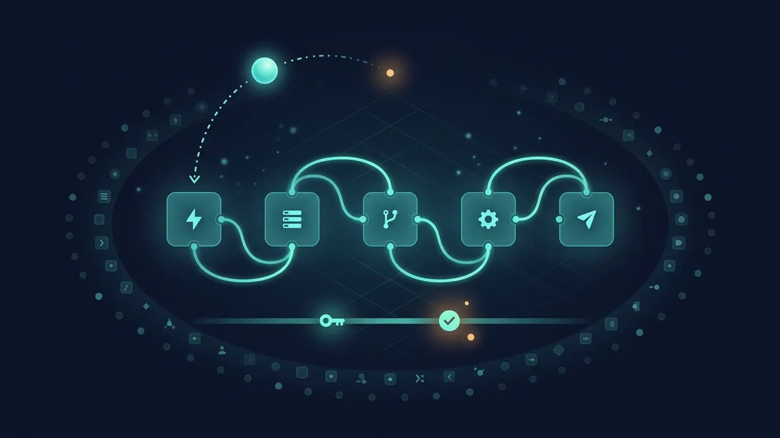 Abstract editorial illustration: a chain of five glowing teal workflow node cards — a trigger bolt, stacked data rows, a branching fork, a gear, and a send chevron — wired together left to right, with one AI client orb reaching down into the first node and a faint orbital ring of many dim node shapes around the chain, on a midnight navy backdrop.