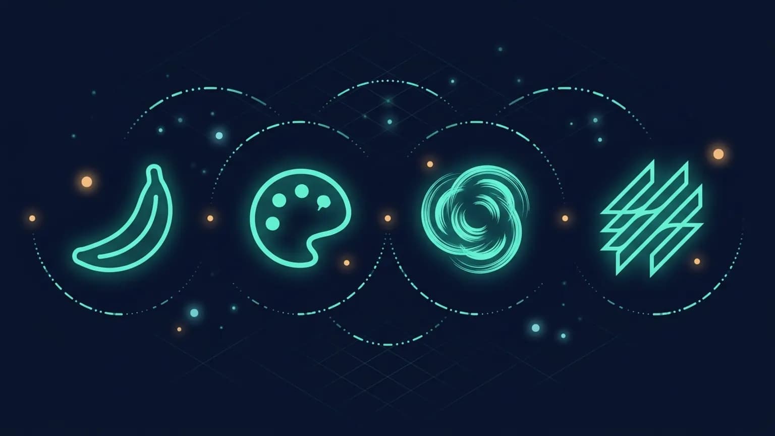 Editorial illustration: four luminous teal abstract glyphs representing image-generation models — a banana-curve outline for Nano Banana, a paint-palette for DALL-E, a swirl-cluster for Midjourney, an angular-flow geometric for Flux — arranged in a horizontal row connected by dot-and-dash teal arcs on a midnight navy background.
