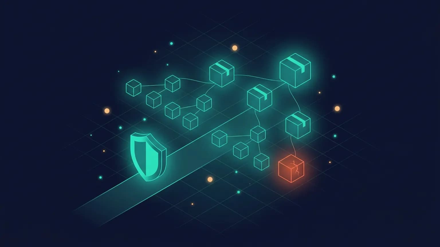 Editorial illustration: a single luminous teal package cube at the top of a branching tree of smaller cubes that fades into shadow, with two of the deepest, dimmest cubes glowing faint amber — the visual language of a transitive npm dependency tree where the danger hides far from the package you chose.