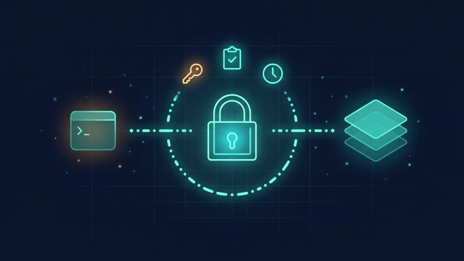 Editorial illustration: a luminous teal padlock surrounded by orbiting JSON-RPC packets and a flowing Streamable HTTP arc, layered over a midnight navy gradient with subtle OAuth flow lines connecting client, resource server, and authorization server glyphs.