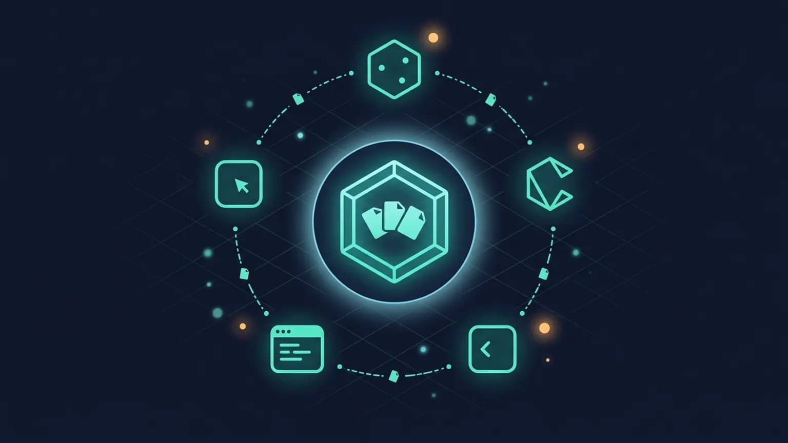 Editorial illustration: a central luminous teal Obsidian-vault glyph at the center (a hexagonal gem-stone outline with three small inner note-cards arranged in a fan) surrounded by an orbital ring of smaller MCP-client glyphs (Claude, Cursor, Codex, Claude Code, OpenCode TUI) connected by softly glowing query-line arcs on a midnight navy backdrop.