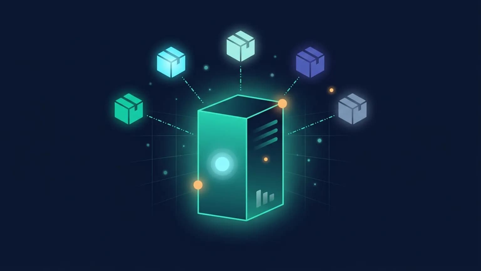 Editorial illustration: five luminous teal hardware glyphs (a llama silhouette, a desktop terminal, a privacy shield, a stacked-server rack, a GPU board) arranged in a horizontal row connected by a soft pulse of dot-and-dash light, on a midnight navy background.