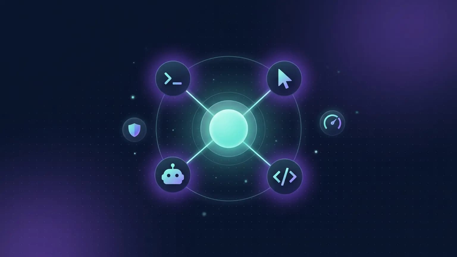 Editorial illustration: a central luminous orchestration hub glowing teal, ringed by four distinct abstract agent glyphs — a terminal prompt, a cursor arrow, a robot head, and a code bracket — each linked to the hub by bright data threads, with a small shield glyph and a gauge glyph floating nearby for policy and cost control, over a deep midnight-navy backdrop with soft violet glows.