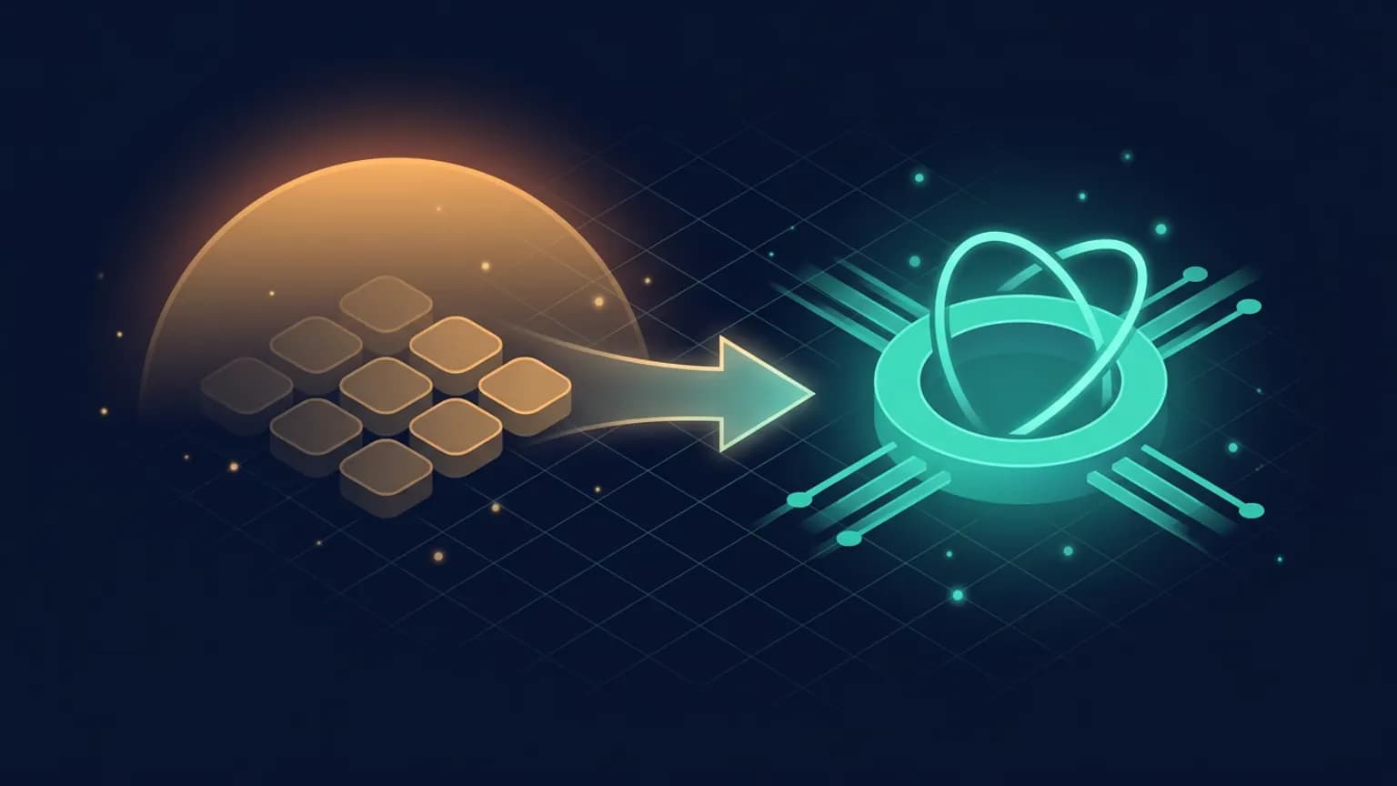 Editorial illustration: a sleek visual agent-builder canvas with drag-and-drop nodes dissolving into amber dusk at its right edge, while a parallel lattice of open, interlocking protocol connectors glows steady teal on a midnight navy background — a single platform fading as an open standard holds.