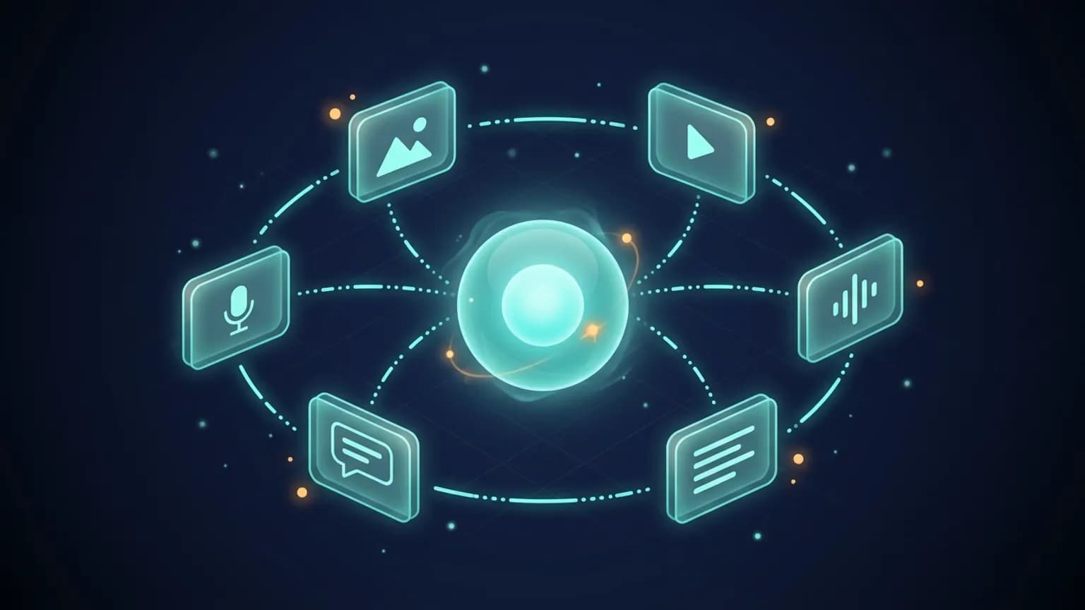 Hero illustration: a luminous teal Pika Agent orb at the center of an orbital ring of six media-tile glyphs — image, video, music, voice, transcript, and chat — connected by dot-and-dash light arcs against a midnight navy background.