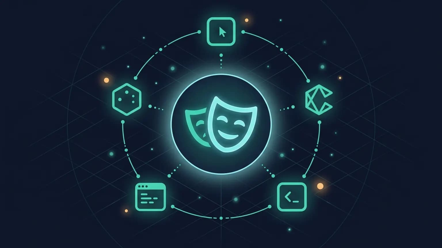 Editorial illustration: a central luminous teal Playwright theatre-mask glyph at the center (two soft curved arcs forming an angular drama-mask outline) surrounded by an orbital ring of smaller MCP-client glyphs (Claude, Cursor, Codex, Claude Code, OpenCode TUI) connected by softly glowing browser-automation arcs on a midnight navy backdrop.