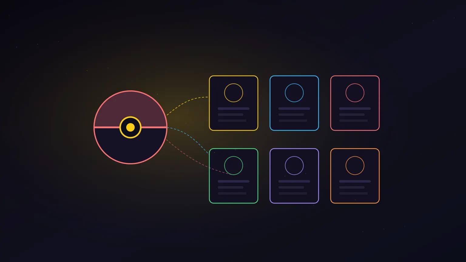 Editorial illustration: a luminous Poké Ball glyph splitting into six glowing team-slot cards connected by paste-link arcs to a chat-bubble agent glyph, on a midnight navy backdrop with electric yellow accents.
