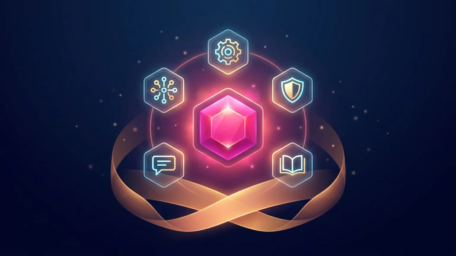 Editorial illustration: a luminous magenta-pink hexagonal core module at the center, smaller glowing modular capability glyphs (gear, shield, book, chat bubble) snapping into orbiting sockets around it like building blocks, with a soft woven harness-strap motif arcing beneath them, on a deep midnight navy backdrop.