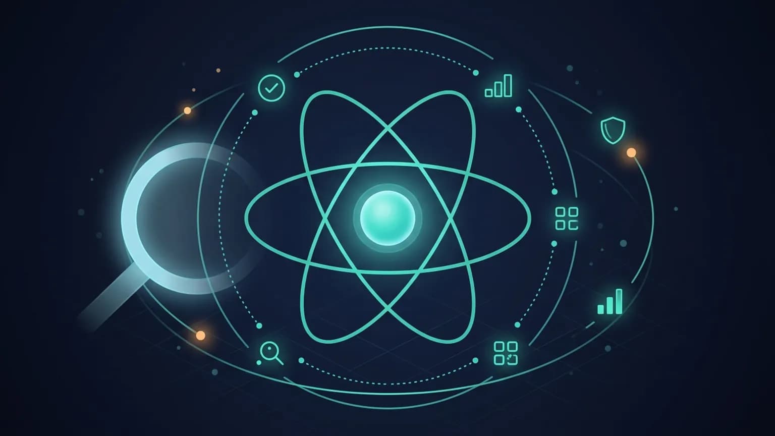 Abstract editorial diagram of react-doctor: a React-style atom orbited by six diagnostic glyphs — correctness, performance, security, architecture, deep scan, and a 0-to-100 health score — under the gaze of a soft cyan magnifier lens.