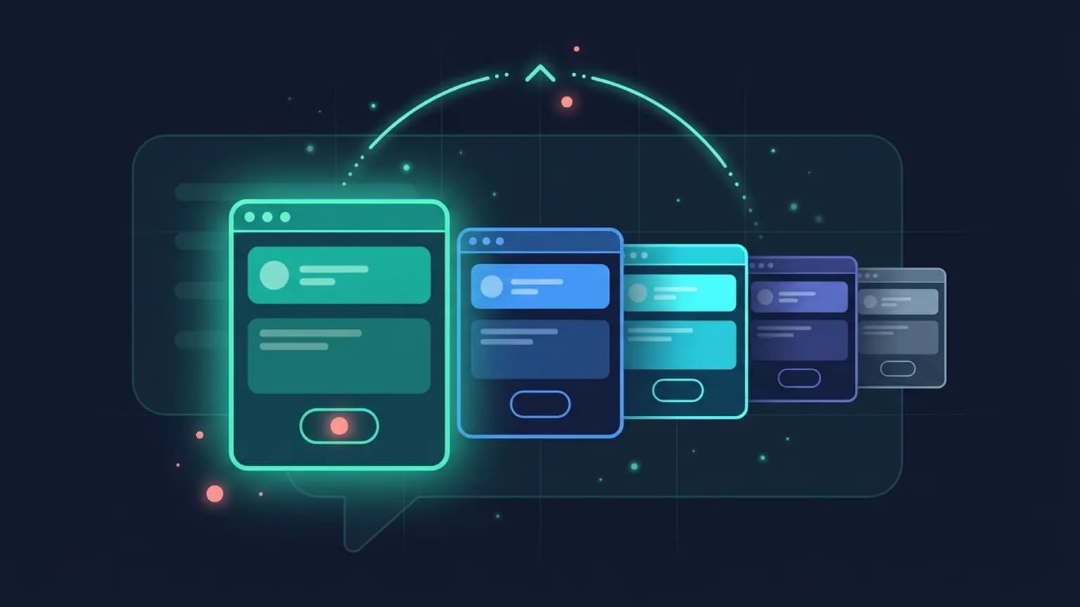 Editorial illustration: a 5-pointed constellation of luminous teal app-builder glyphs (terminal, browser preview, mobile screen, component card, code brackets) connected by soft dot-and-dash light arcs on a midnight navy background.