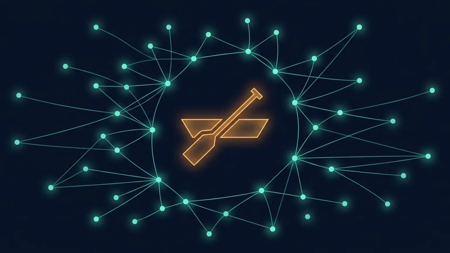 Editorial illustration: a constellation of small glowing nodes connected by thin backlit threads, forming a loose network that converges toward an abstract oar-and-hull silhouette glowing warm amber at the center, surrounded by cool teal knowledge-graph connections, on a deep midnight navy background.