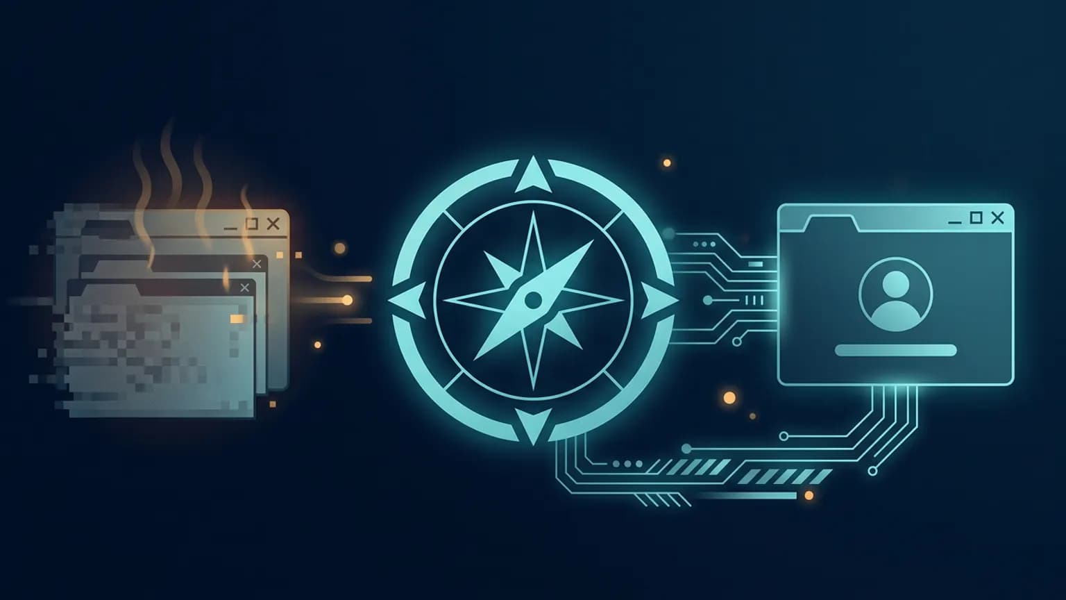 Editorial illustration: a luminous Safari compass glyph at the geometric center, wired by softly glowing AppleScript command-lines to a logged-in browser window that stays in the background, set against a midnight backdrop — with a faded, fan-hot Chrome window pushed to the edge for contrast.