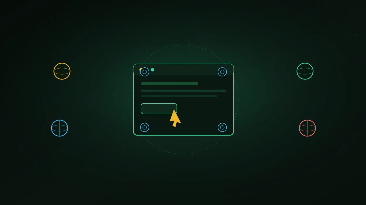 Editorial illustration: a luminous emerald browser-window glyph at the center, steered by an orbiting ring of small gear and cursor glyphs representing WebDriver sessions, with four softly glowing arcs reaching out to four distinct browser-orb glyphs on a midnight navy backdrop.