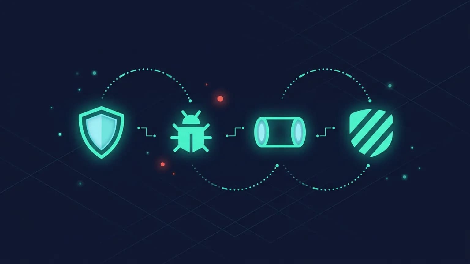 Editorial illustration: four luminous teal error-bug glyphs in a horizontal row — Sentry shield, Bugsnag bug, Rollbar barrel, Honeybadger badger — connected by stack-trace arrows on a midnight navy background.