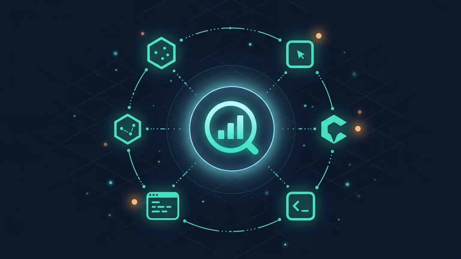 Editorial illustration: a central luminous teal SimilarWeb traffic-spike glyph at the center (a small bar-chart of three rising bars under a magnifier-loop ring) surrounded by an orbital ring of smaller MCP-client glyphs (Claude, Cursor, Codex CLI, Claude Code, OpenCode TUI) connected by softly glowing traffic-data arcs on a midnight navy backdrop.