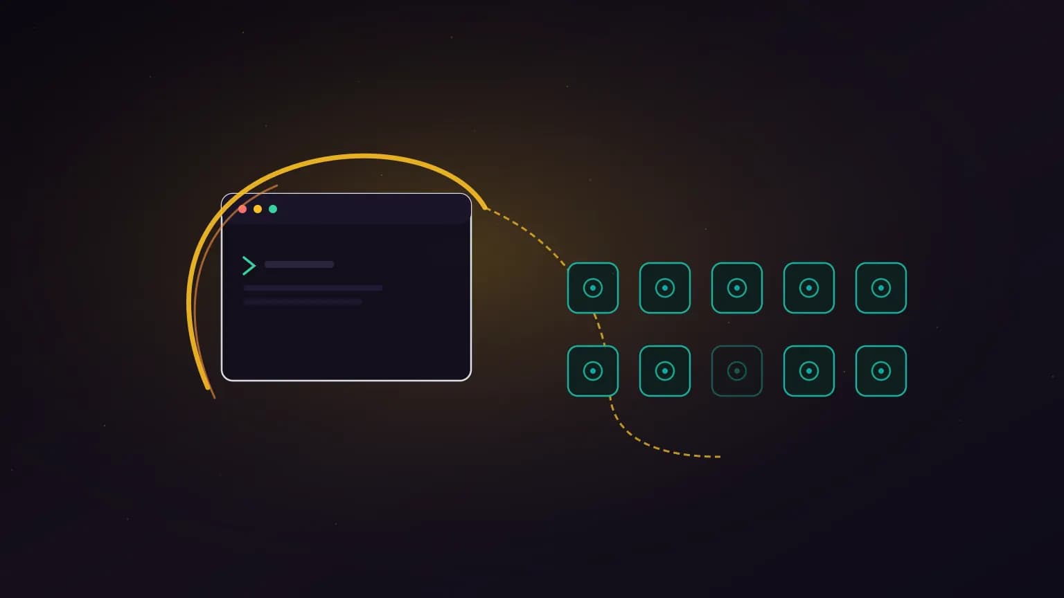 Editorial illustration: a glowing amber cape-like arc wrapped around a terminal-window outline on midnight navy, splitting into ten smaller teal modules along a rail — a monolithic agent harness decomposing into modular skills, with one module dimming out.