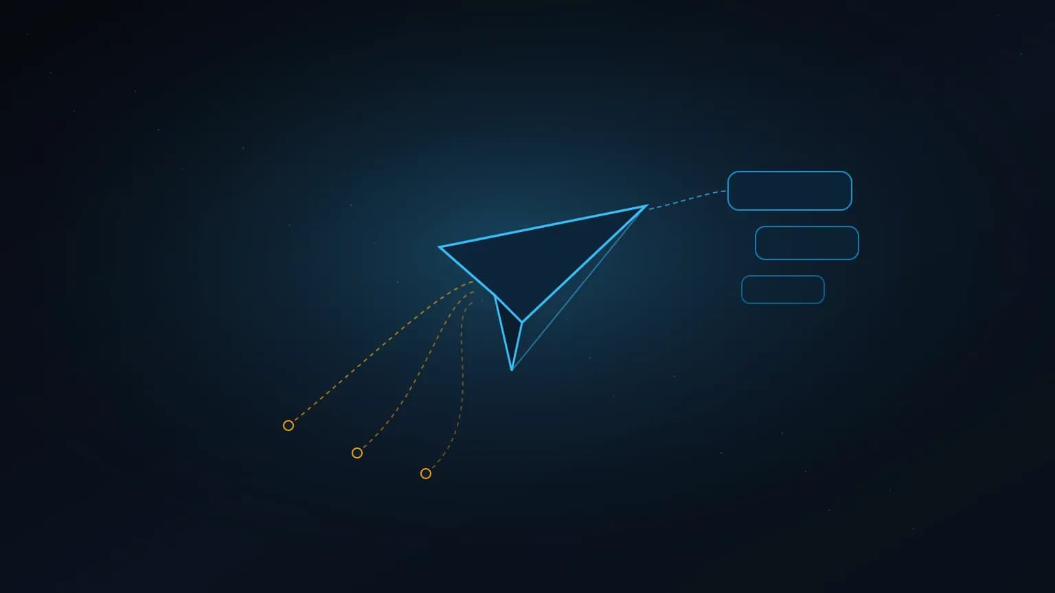 Editorial illustration: a luminous sky-blue paper-plane glyph held mid-flight by softly glowing draft lines, surrounded by smaller chat-bubble glyphs orbiting on arcs against a midnight navy backdrop — the plane is poised, not yet released.