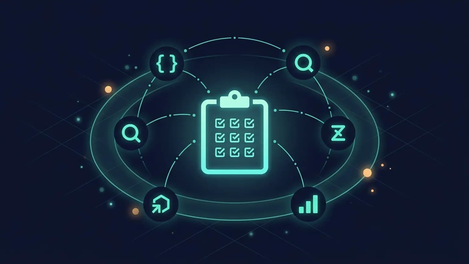 Editorial illustration: a central TestRail-style luminous teal clipboard-grid glyph surrounded by five smaller alternative-tool glyphs in a constellation arrangement — Xray, qTest, Zephyr, PractiTest, TestomatIO — connected by softly glowing test-flow arcs on a midnight navy backdrop.