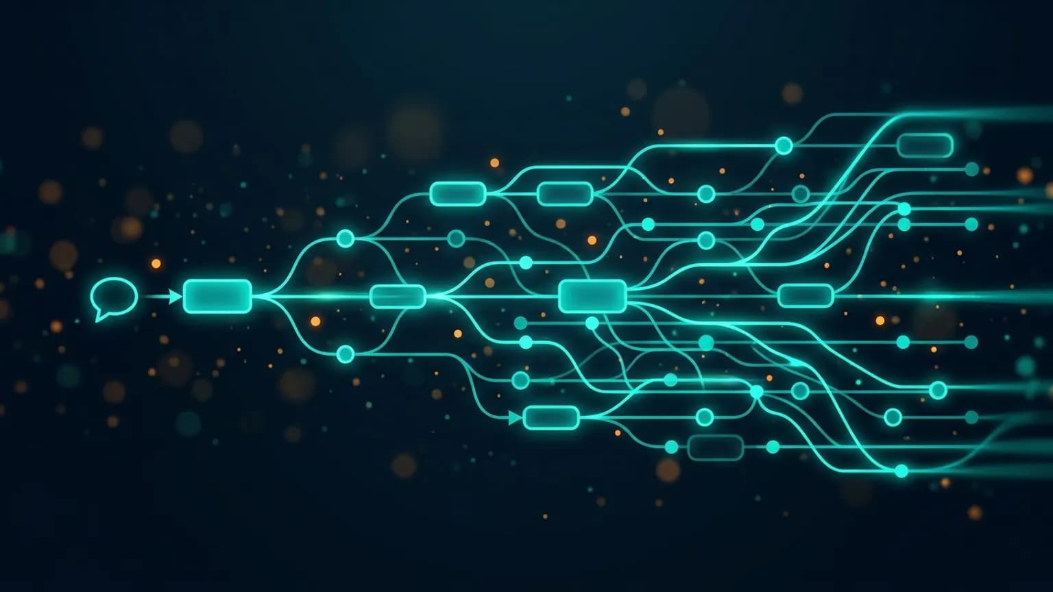Editorial illustration: a luminous teal node-network graph — rounded operator boxes connected by glowing wires in the TouchDesigner left-to-right dataflow style — with a small chat-bubble glyph feeding a new node into the graph, set against a deep midnight-navy backdrop with soft particle-field bokeh.