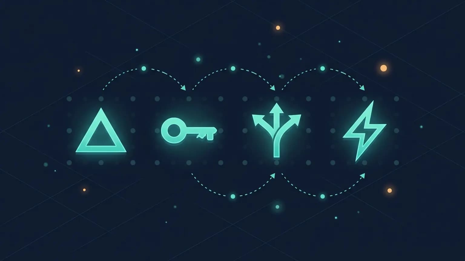 Editorial illustration: four luminous teal AI-gateway glyphs in a horizontal row — a Vercel triangle, a Portkey small-key, an OpenRouter route-fork, a LiteLLM lightning-curve — connected by softly glowing routing arrows over a model-grid backdrop on midnight navy.