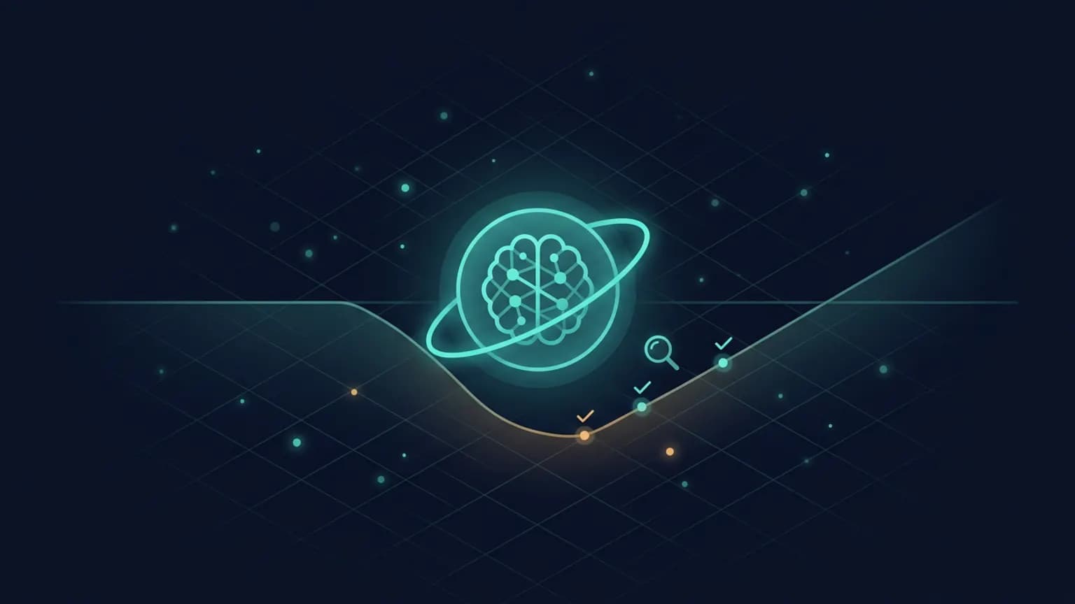 Editorial illustration: a luminous teal AI brain on a midnight-navy background, partly dimmed by three translucent amber overlays labelled as faint gears stuck out of sync, while the underlying neural core stays bright and intact — the model unchanged, the layers in front of it the problem.