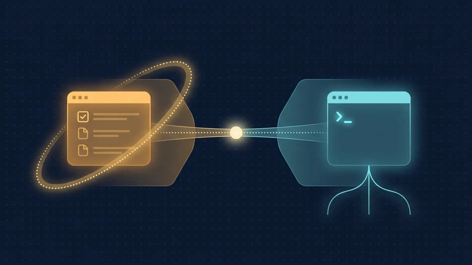 Editorial illustration: two agentic coding cockpits on a deep midnight backdrop — a warm amber single-window GUI panel with an orbiting goal-loop ring on the left, and a cool cyan terminal prompt with branching subagent lines on the right — a thin bridge of dotted light connecting them, suggesting one shared model driven by two different harnesses.