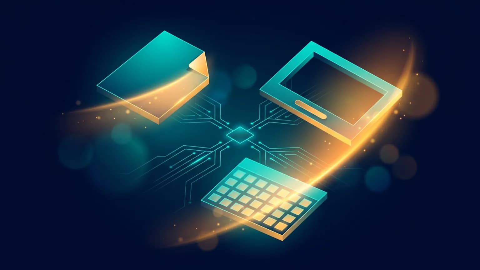 Editorial illustration: three glowing document glyphs — a folded-corner page, a slide frame, and a spreadsheet grid — orbiting a luminous amber scanning beam that reshapes them, connected by fine circuit-like lines on a deep midnight backdrop.