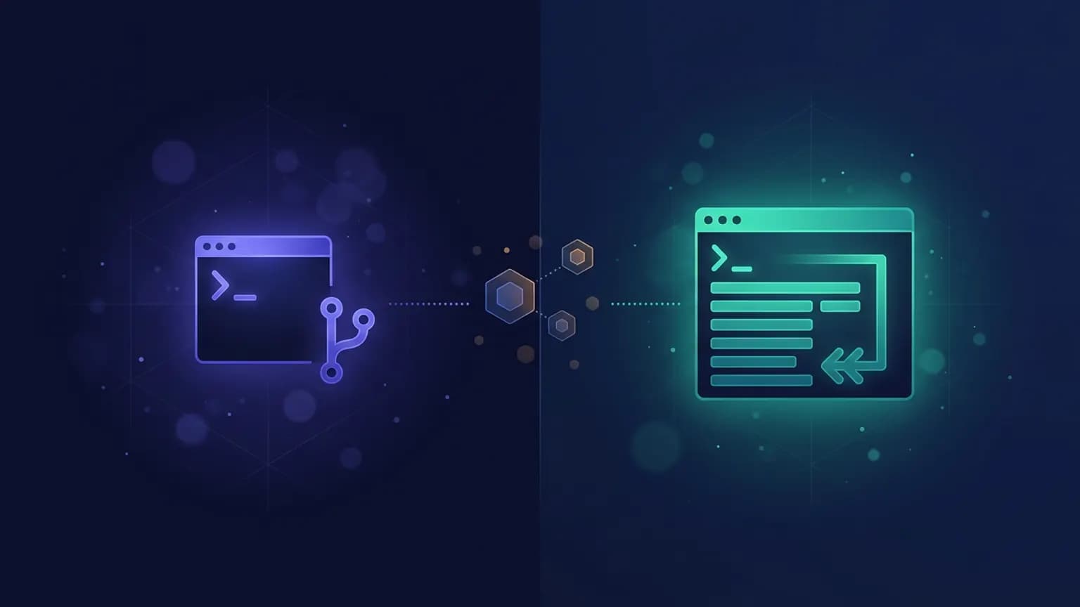 Editorial illustration: two terminal-style glyphs on a deep indigo backdrop — a tidy stack of git-commit markers beside a busy agentic command loop — joined by dotted tool-call lines.