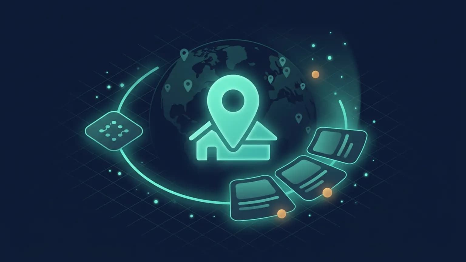 Editorial illustration: a warm coral house-outline glyph at the geometric center, sitting on a softly glowing map-pin, surrounded by an orbital ring of smaller search-filter glyphs — a calendar tile, a price-range slider, a guest-count dot cluster, a property-type square — connected by gentle query-line arcs on a deep midnight navy backdrop.