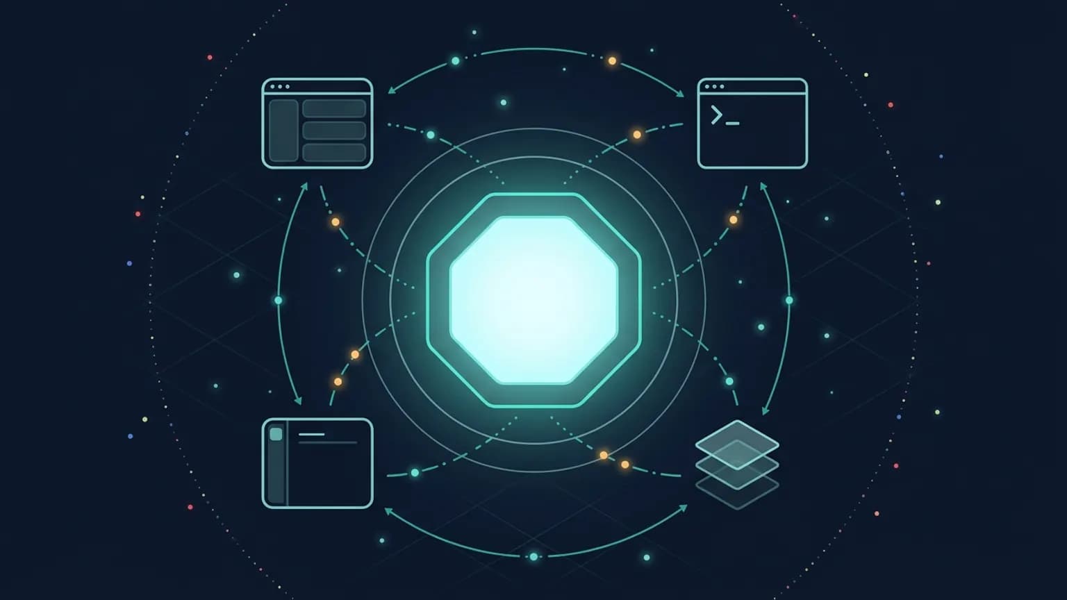 Editorial illustration: four luminous panels in a 2x2 grid representing Antigravity's four surfaces — a desktop window glyph (2.0), a terminal prompt glyph (CLI), a Python module glyph (SDK), and a code-editor glyph (IDE) — orbiting a softly glowing Gemini gravitational core on a midnight navy backdrop with thin teal command-arc connections between the panels.