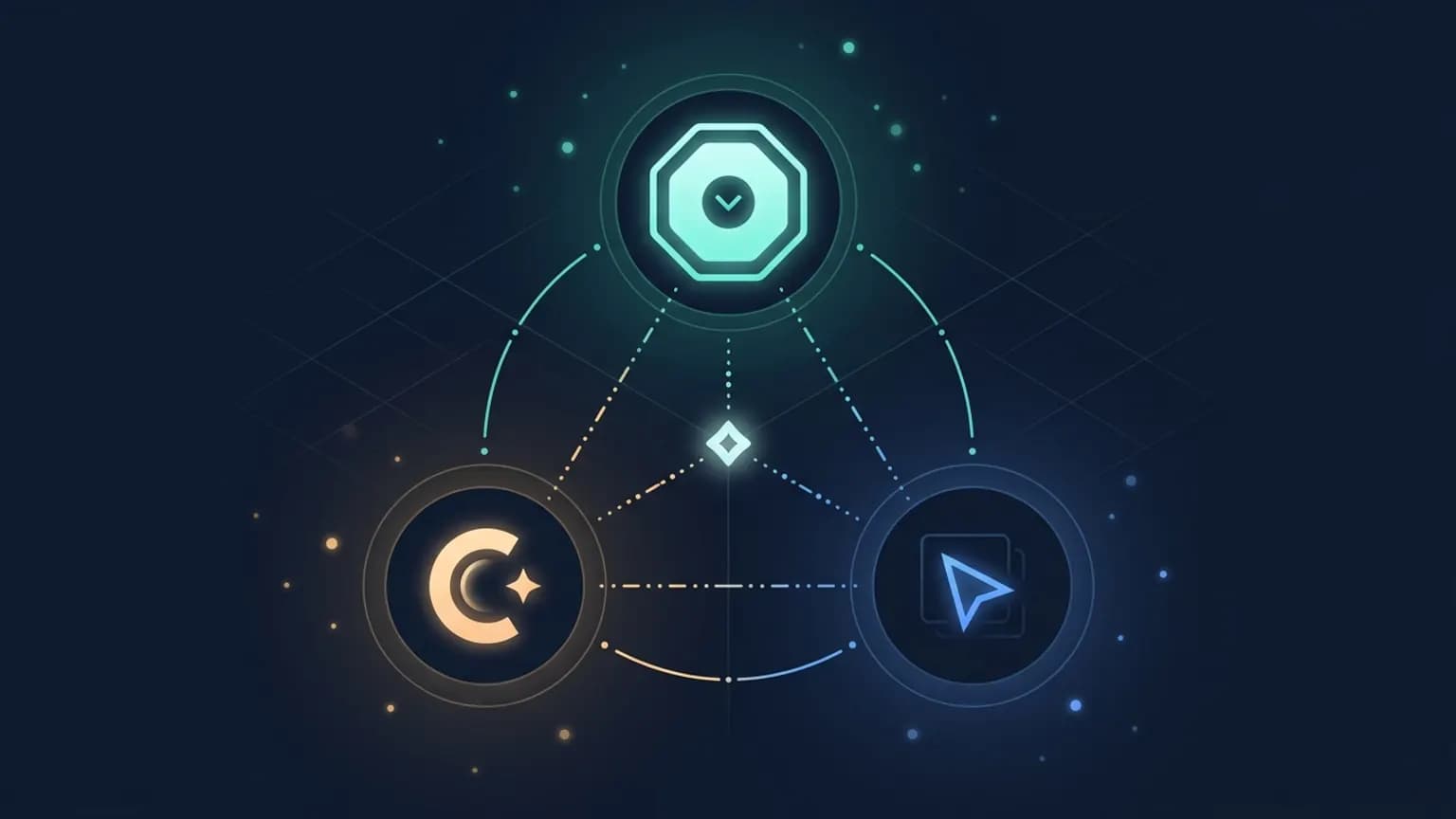 Editorial illustration: three luminous teal agent-IDE glyphs on a midnight navy backdrop — Antigravity 2.0 as a constellation of subagent nodes with a tiny cron icon, Claude Code as a terminal prompt with a skills folder halo, Cursor as a VS Code window with a Composer split — connected by dot-and-dash teal arcs representing the agent hand-off between them.