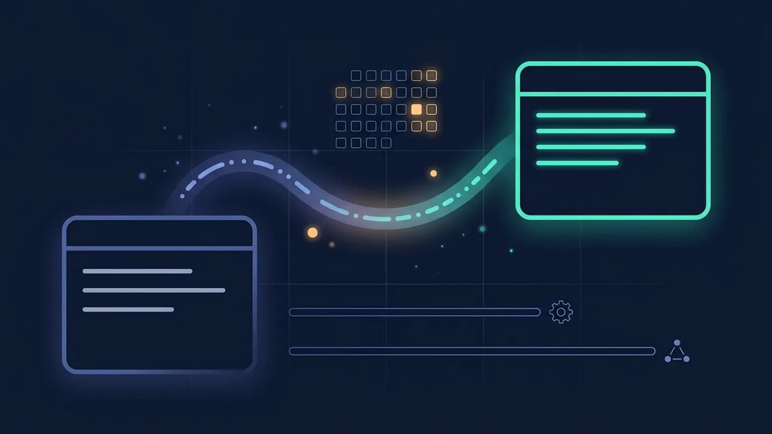 Editorial illustration: a Gemini CLI terminal glyph dissolving into a sharper Antigravity CLI glyph along an arc labeled '30 days', with a smaller Enterprise badge held outside the migration path on a deep navy backdrop.