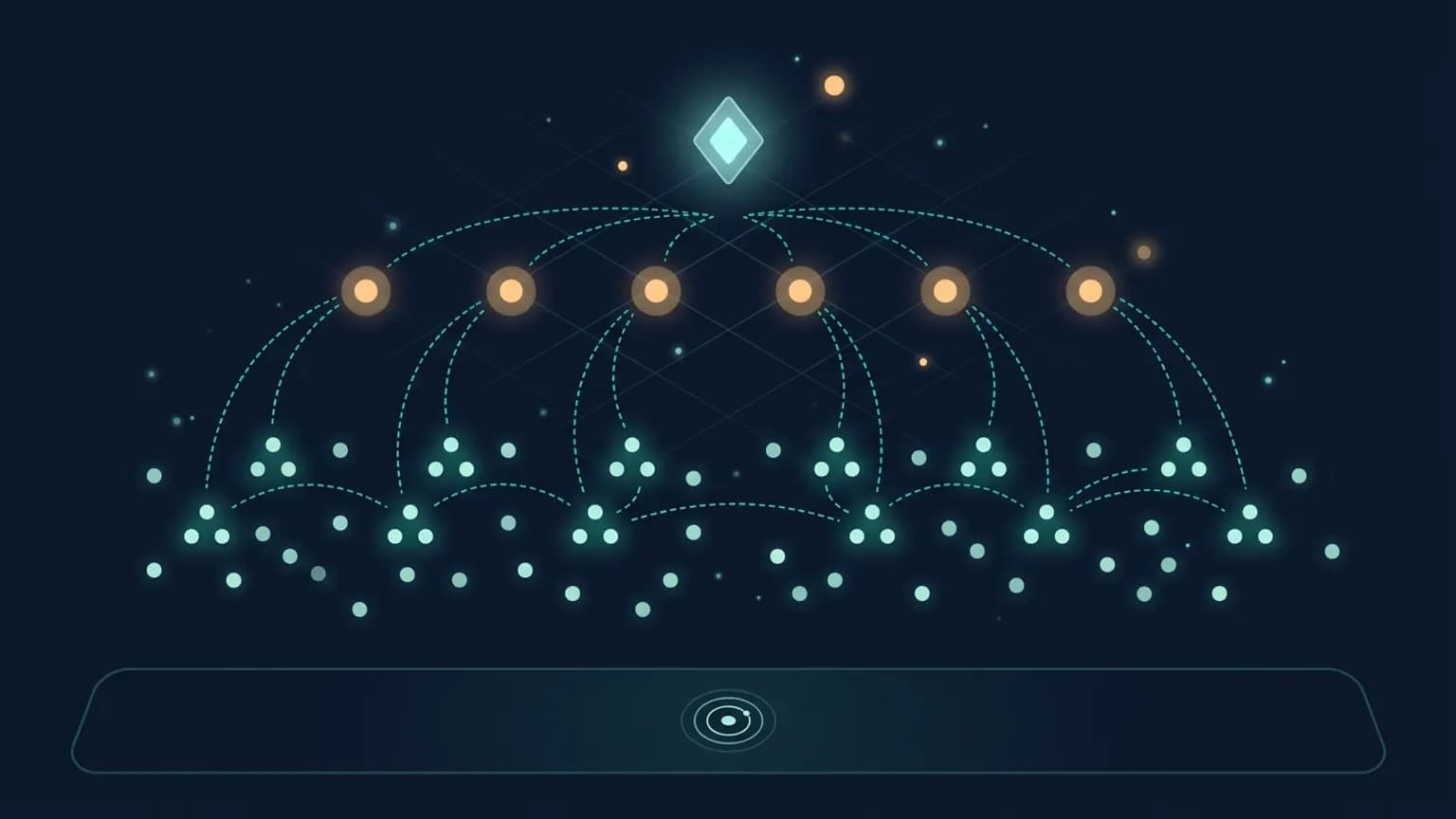 Editorial illustration: a luminous central CPU glyph at the centre surrounded by 93 small agent dots arranged in seven concentric role-rings (Sentinel, Orchestrator, Explorer, Worker, Reviewer, Critic, Auditor), thin teal arcs trace handoffs between rings, a faint Doom silhouette glows in the background — all on a midnight navy backdrop suggesting Antigravity 2.0's mission-control aesthetic.