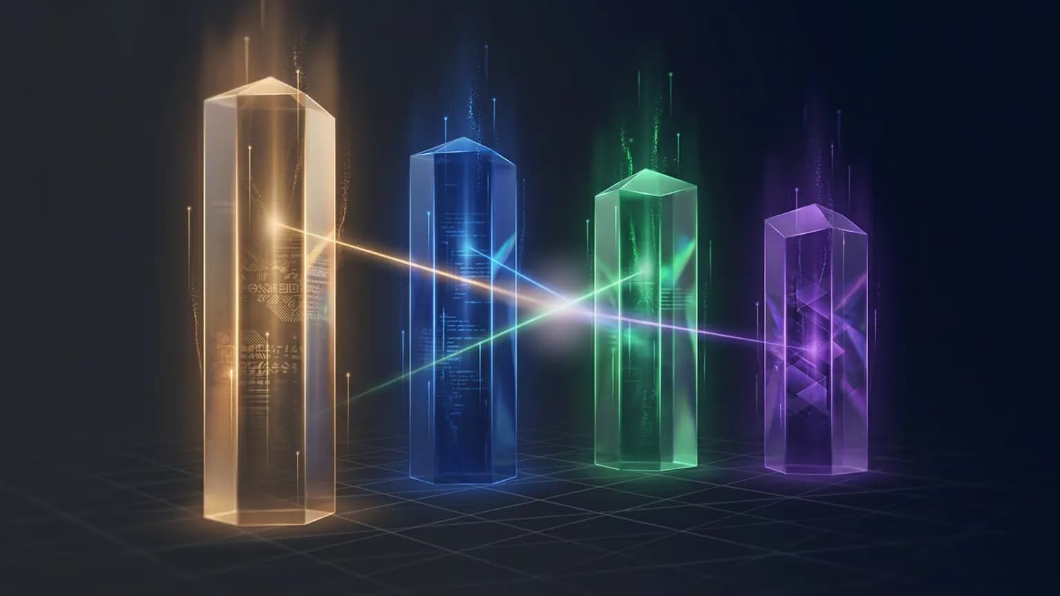 Editorial illustration: four luminous prism-like monoliths of different heights and colors — amber, deep blue, green, and violet — arranged on a dark grid, each refracting a beam of code-like light, suggesting four frontier coding models measured against one another.
