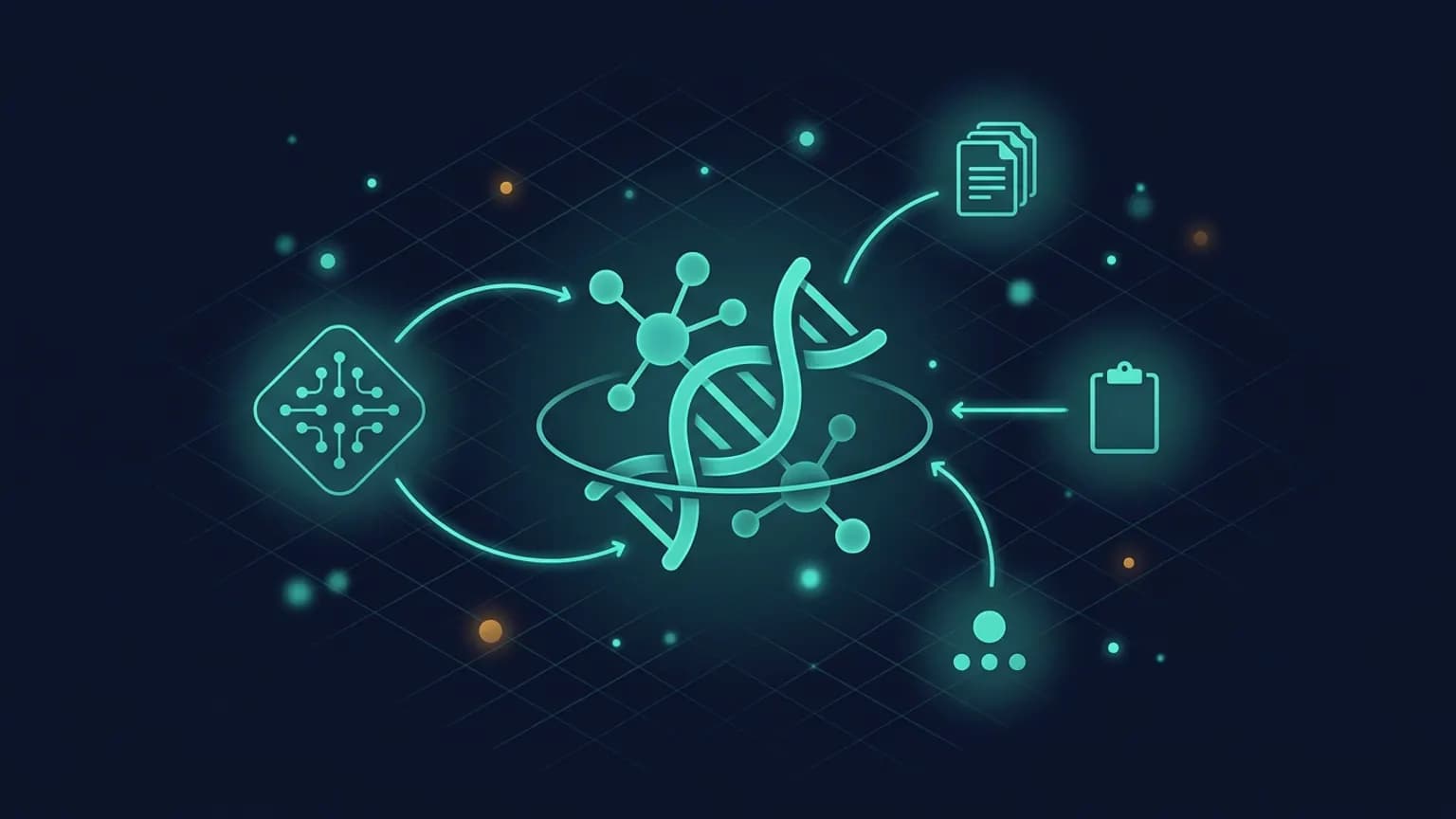 Editorial illustration: a luminous teal double-helix DNA strand at the geometric center dissolves into stacked document cards and a clinical-trial clipboard glyph, surrounded by an orbital ring of smaller database node glyphs connected by softly glowing query-line arcs on a deep midnight navy backdrop.