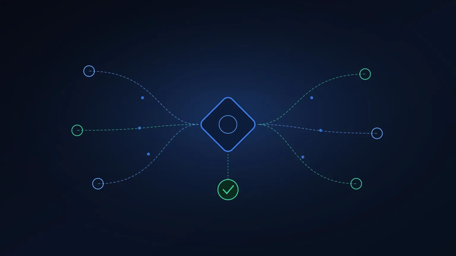 Editorial illustration: a luminous sapphire-blue diamond glyph at center with branching merge arcs flowing into it from orbiting smaller client glyphs, suggesting pull requests converging on a repository, on a deep midnight navy backdrop.