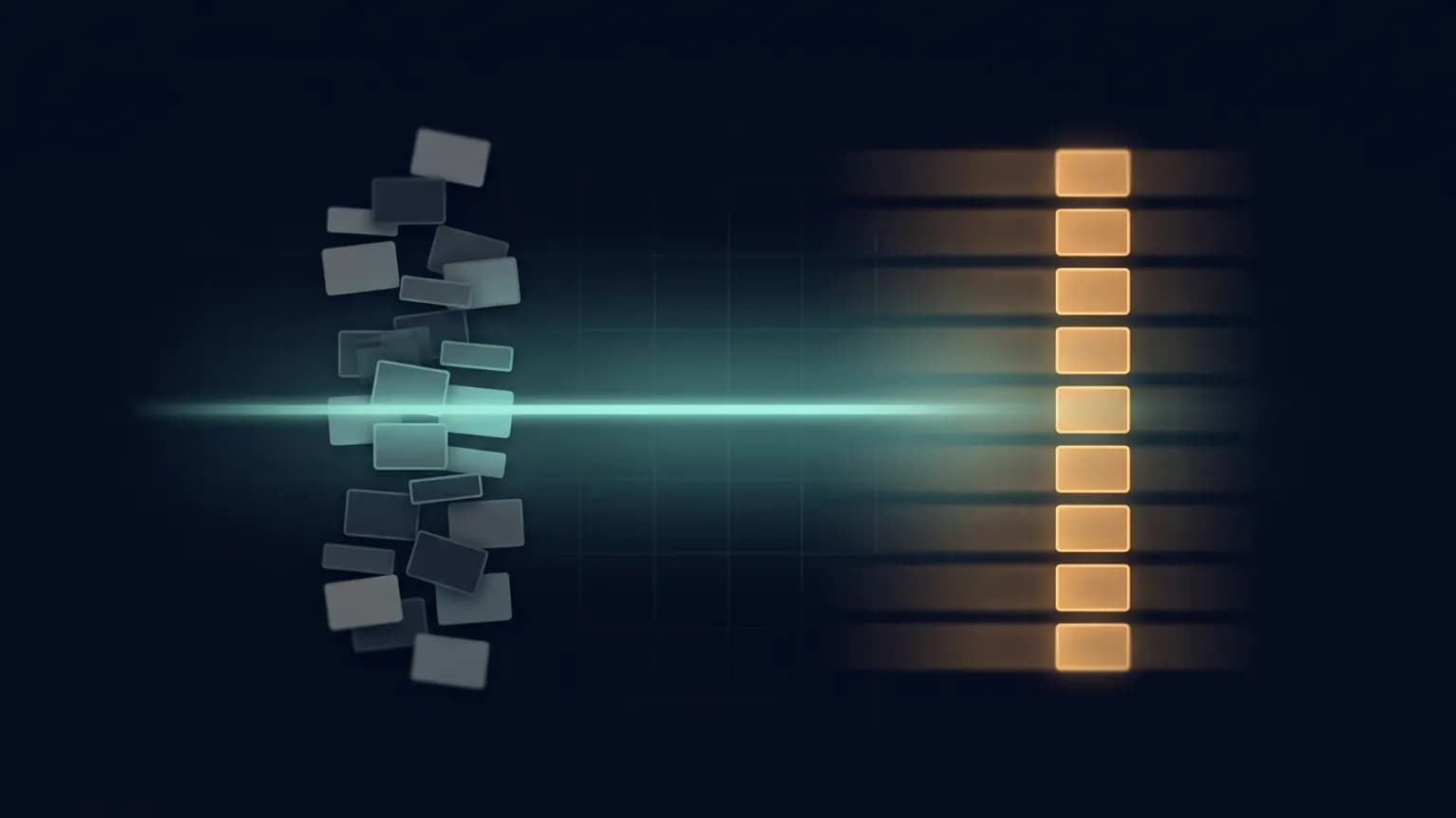 Editorial illustration: a horizontal beam of glowing teal light sweeping left to right across a loose, overlapping stack of small rectangular file and module shapes, leaving the shapes realigned into a tidy glowing amber column behind it, on a deep midnight-navy background.