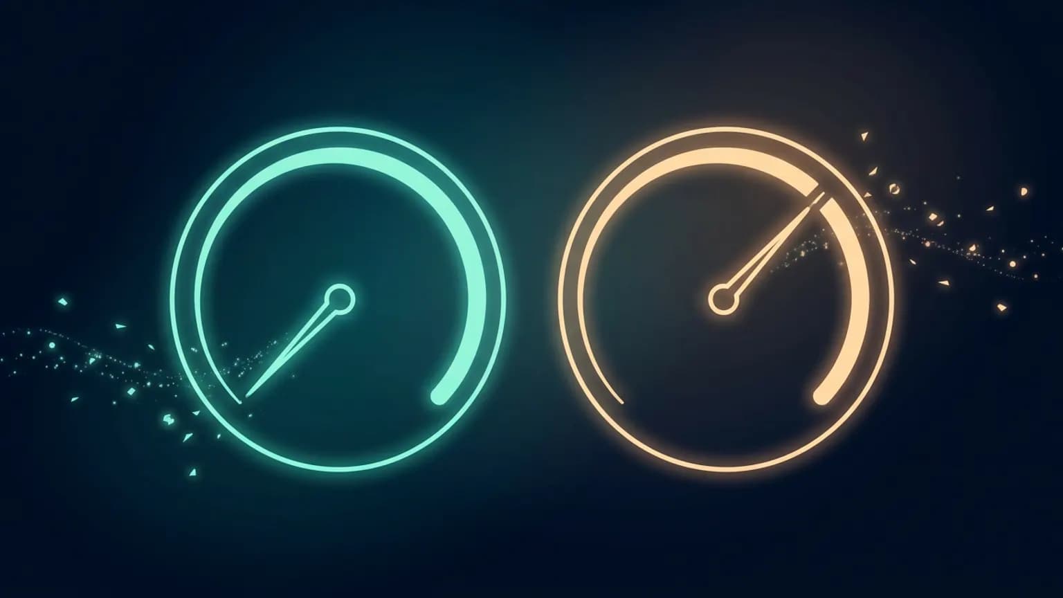 Editorial illustration: two luminous circular dial gauges glowing in teal and warm amber, one needle resting near its lower arc and the other swept toward its highest arc, with faint streams of glowing particle trails flowing outward from both dials against a deep midnight-navy backdrop.