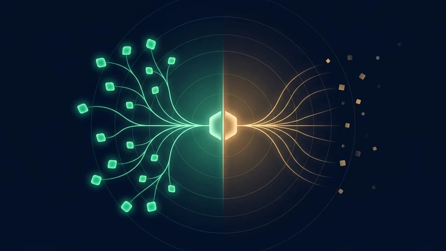 Editorial illustration of a glowing hexagonal core split into two halves: emerald-teal branching filaments blossoming into small leaf-like glyphs on the left, representing new skills being grown, and warm amber filaments tapering into fading token-like fragments on the right, representing tokens being trimmed, on a deep midnight background.