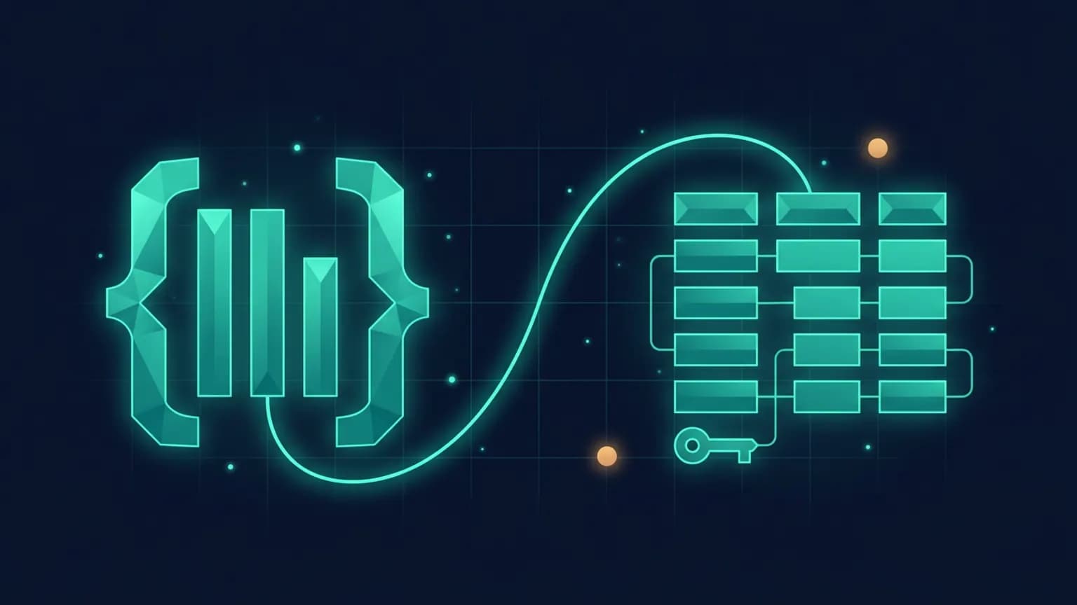 Editorial illustration: a TypeScript schema file on the left flowing into a relational table diagram on the right, connected by a luminous teal arc, on a midnight navy background.